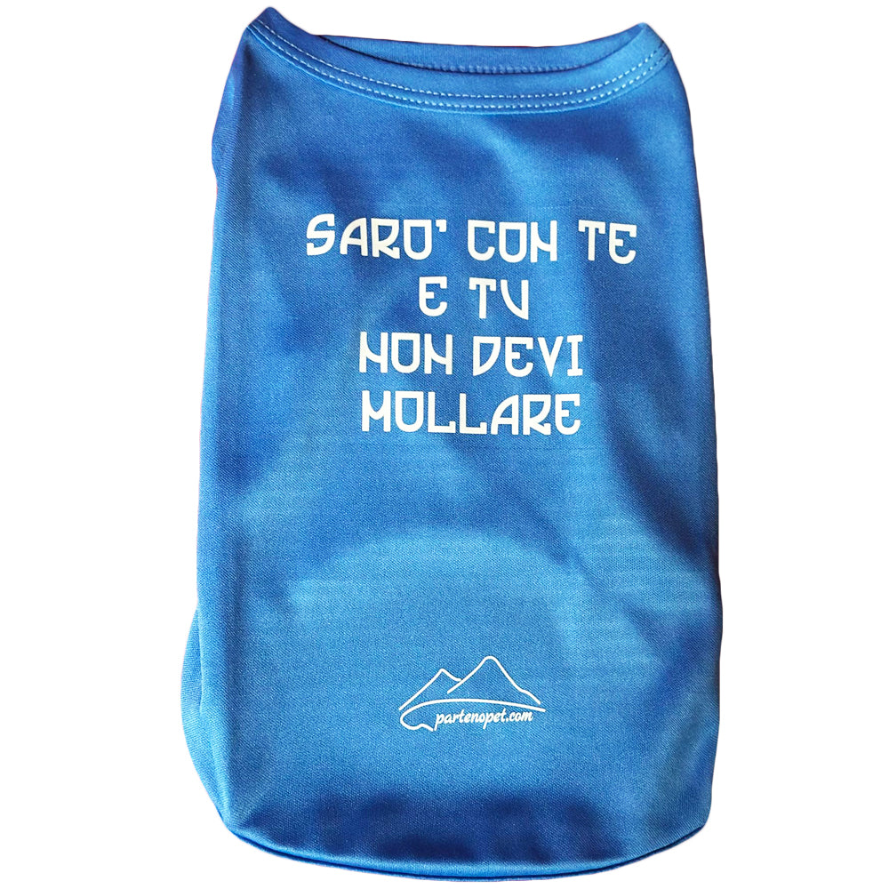 Maglietta per cani di colore blu con la scritta sarò con te e tu non devi mollare