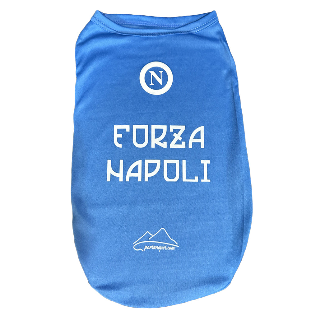 Maglietta blu azzurra per cani con scritta Forza Napoli e logo N bianca, abbigliamento sportivo per animali domestici tifosi del Napoli.