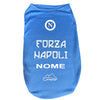 Maglietta blu azzurra per cani con scritta Forza Napoli e logo N bianca, abbigliamento sportivo per animali domestici tifosi del Napoli. Con personalizzazione del nome del cane.