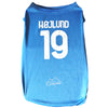 Maglietta blu azzurra per cani del Napoli personalizzata con scritta Højlund e numero 19, t-shirt sportiva per animali domestici