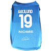 Maglietta blu azzurra per cani del Napoli personalizzata con scritta Højlund e numero 19, t-shirt sportiva per animali domestici con personalizzazione del nome del cane