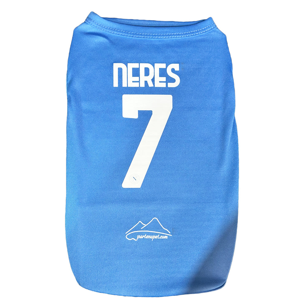 Maglietta blu azzurra per cani personalizzata con nome Neres e numero 7, abbigliamento sportivo per animali domestici tifosi del Napoli.