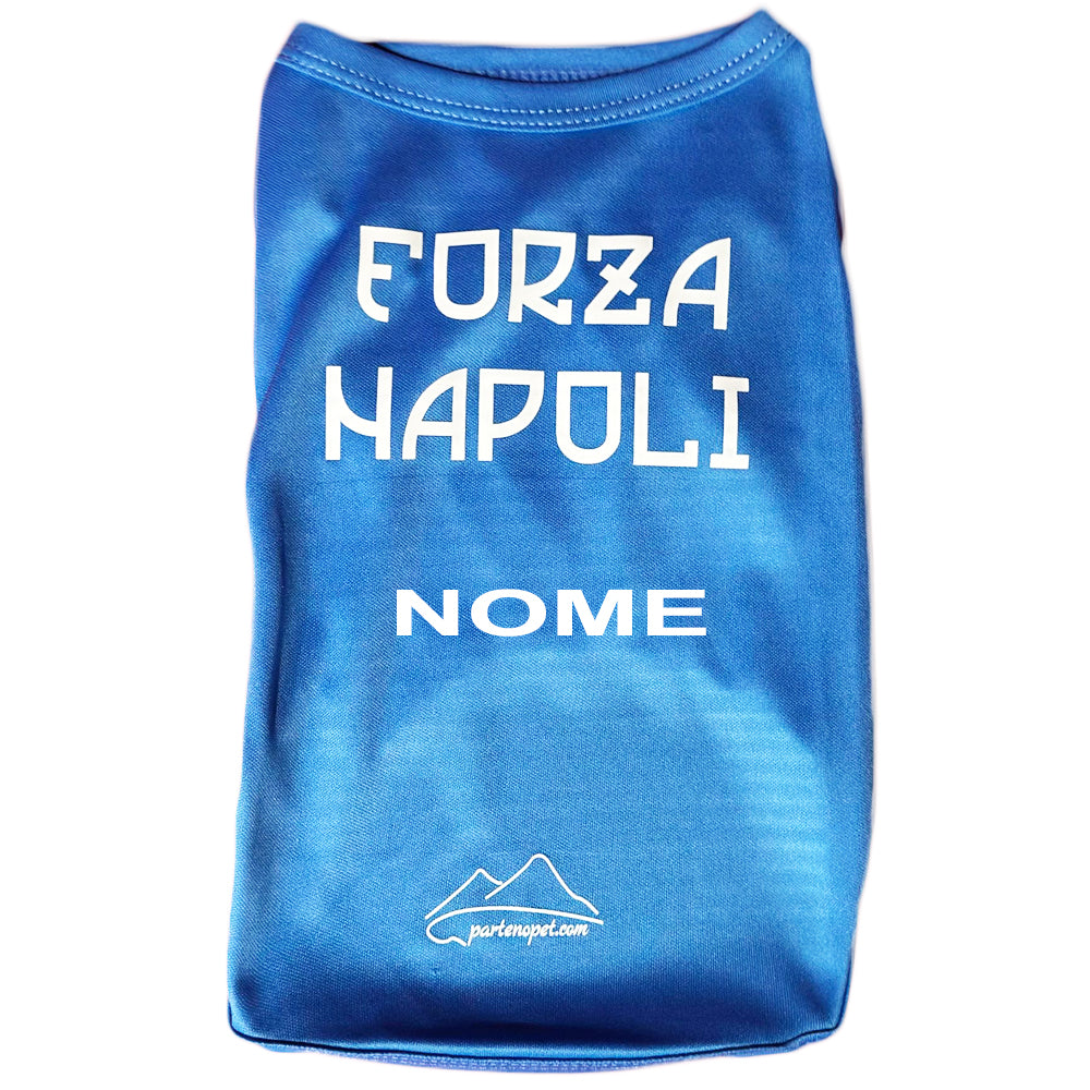 Maglietta per cani di colore blu con la scritta Forza Napoli