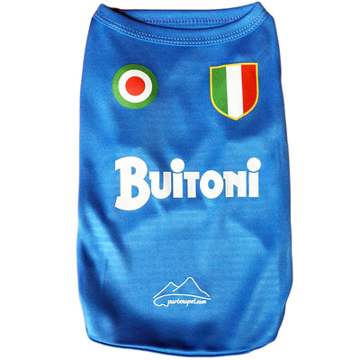 Maglietta blu azzurra per cani del Napoli, la maglia dello storico primo scudetto, con la scritta Buitoni