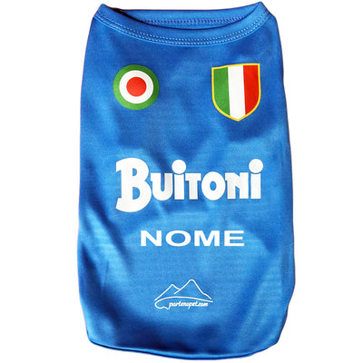 Maglietta blu azzurra per cani del Napoli, la maglia dello storico primo scudetto, con la scritta Buitoni
