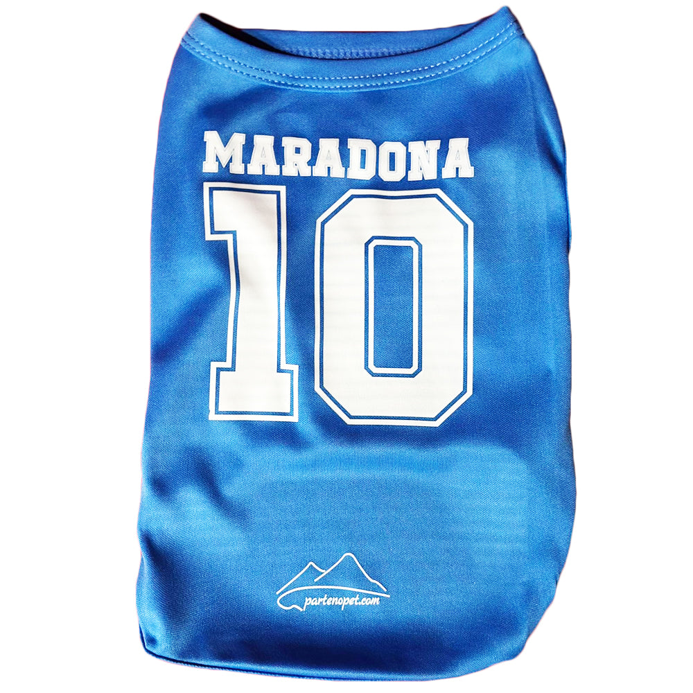 Maglietta per cani di colore blu con la scritta Maradona e il numero 10