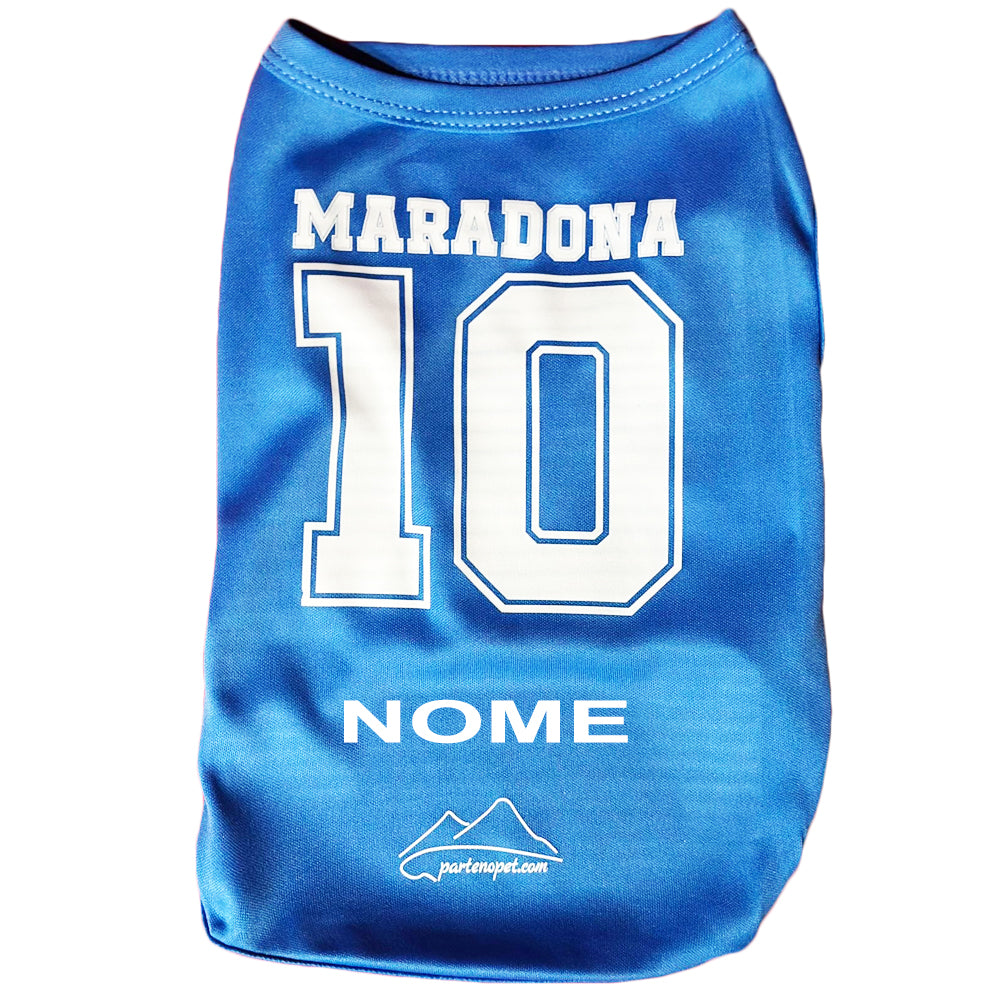 Maglietta per cani di colore blu con la scritta Maradona e il numero 10