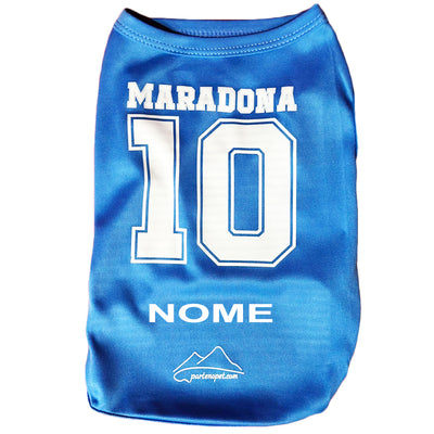 Maglietta per cani di colore blu con la scritta Maradona e il numero 10