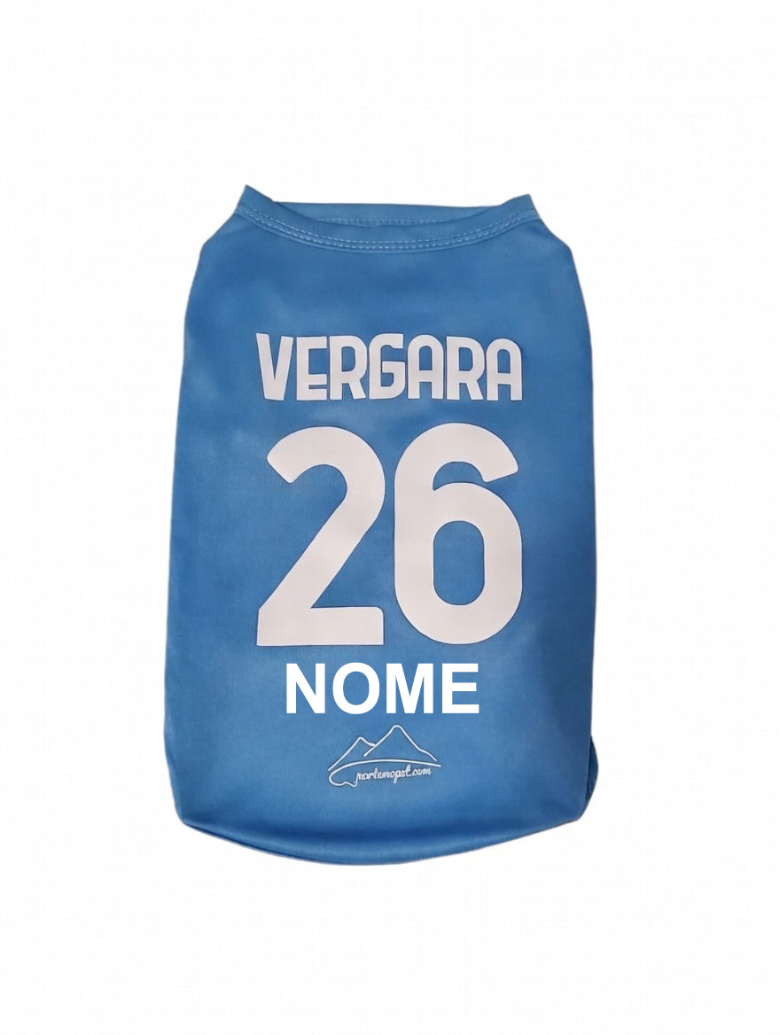 Maglietta blu azzurra per cani personalizzata con scritta Vergara e numero 26, abbigliamento sportivo per animali domestici tifosi del Napoli.