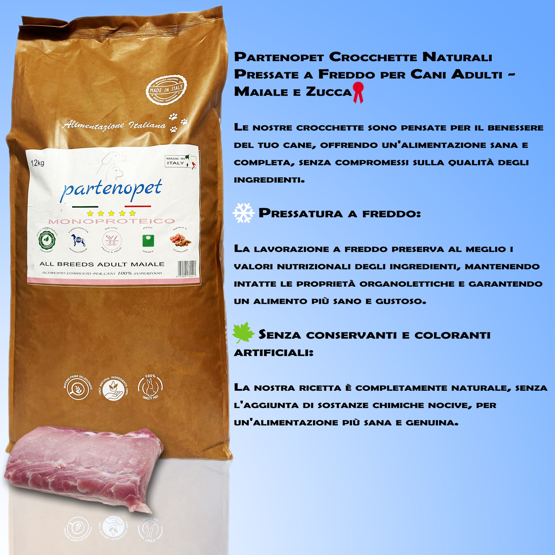 Partenopet Adult All Breeds Mono Maiale e Zucca Crocchette per Cani 100% Naturali 12 kg - Partenopet