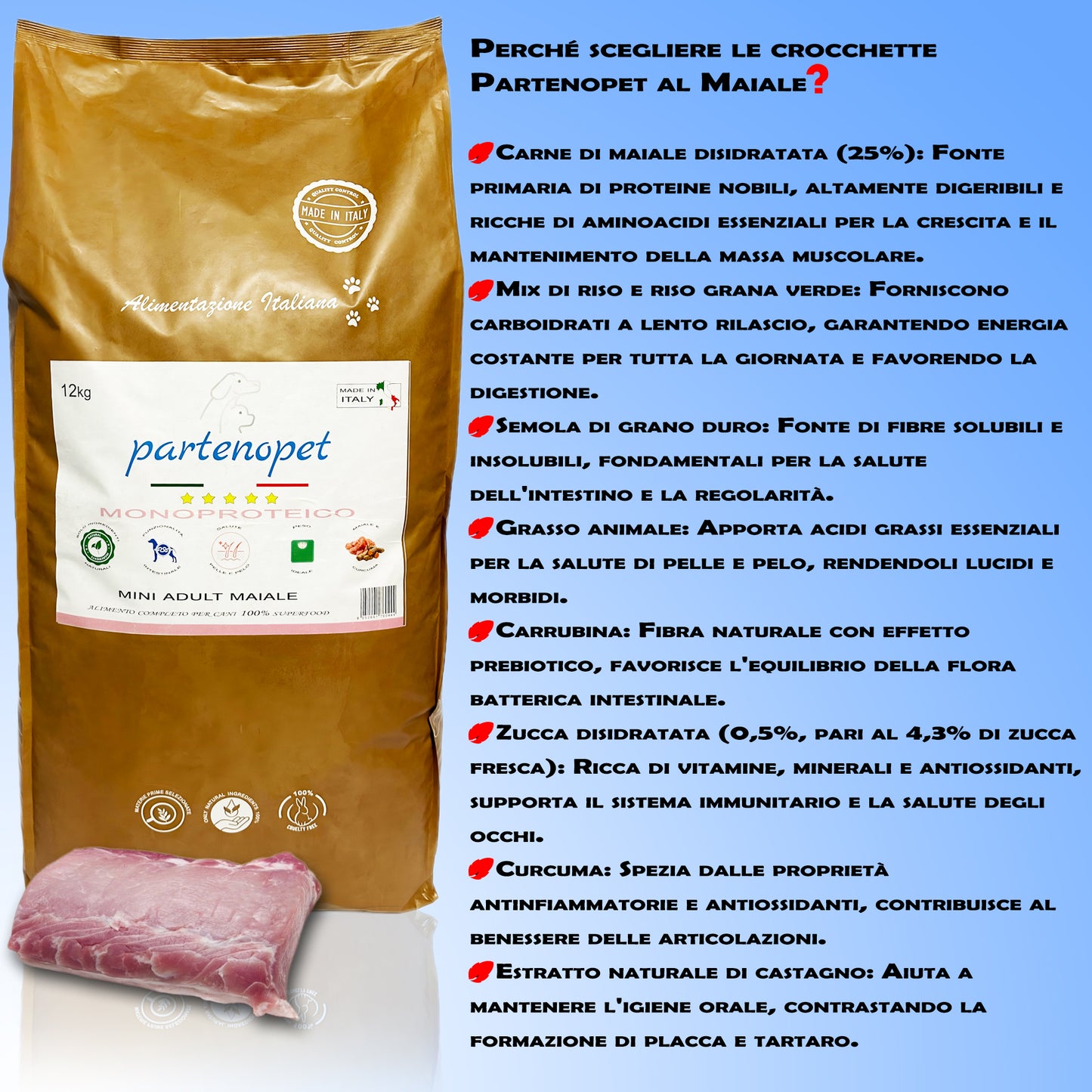 Partenopet Adult Mini Monoproteico Maiale e Zucca Crocchette per Cani 100% Naturali 12 kg - Partenopet