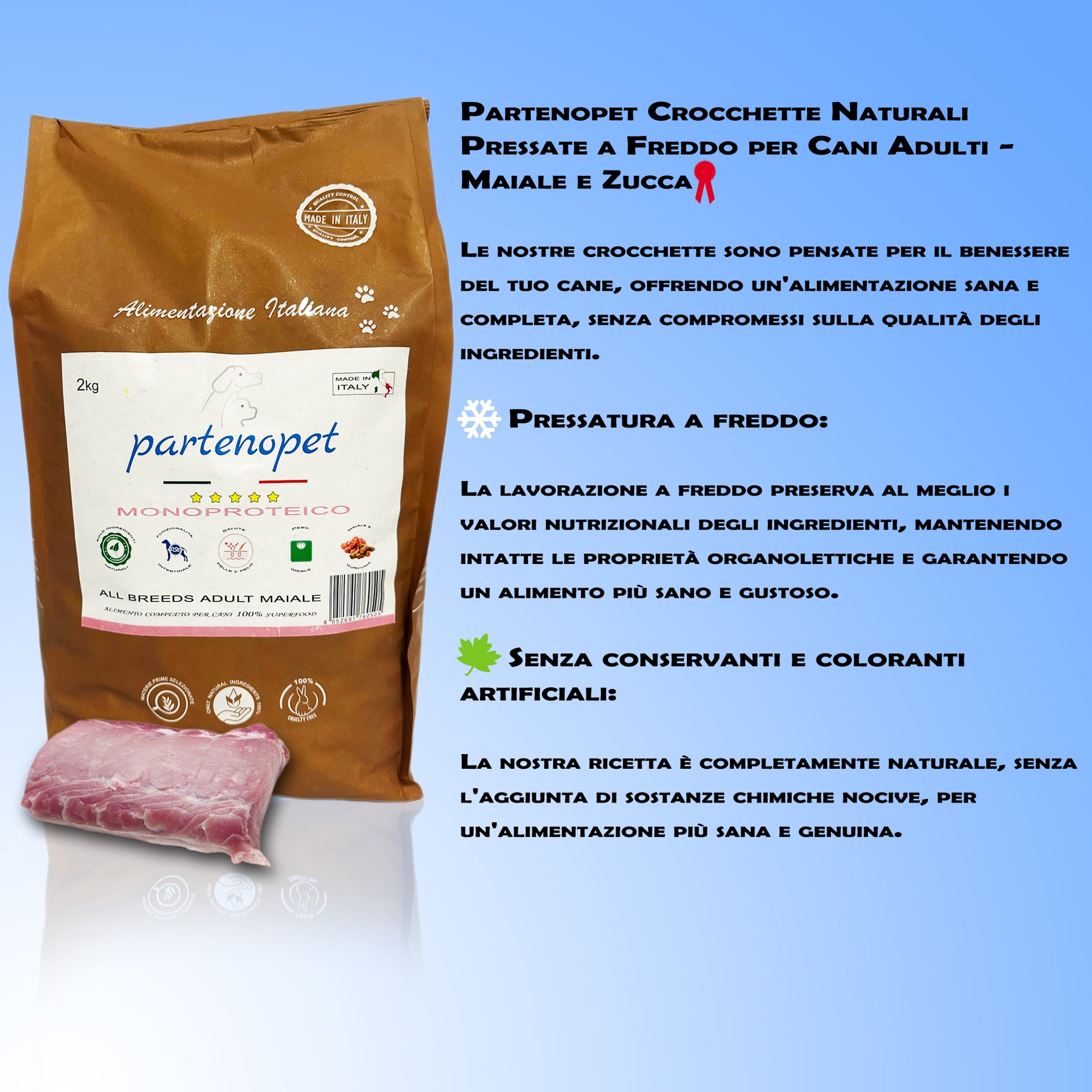 Partenopet Adult All Breeds Mono Maiale e Zucca Crocchette per Cani 100% Naturali 2 kg - Partenopet