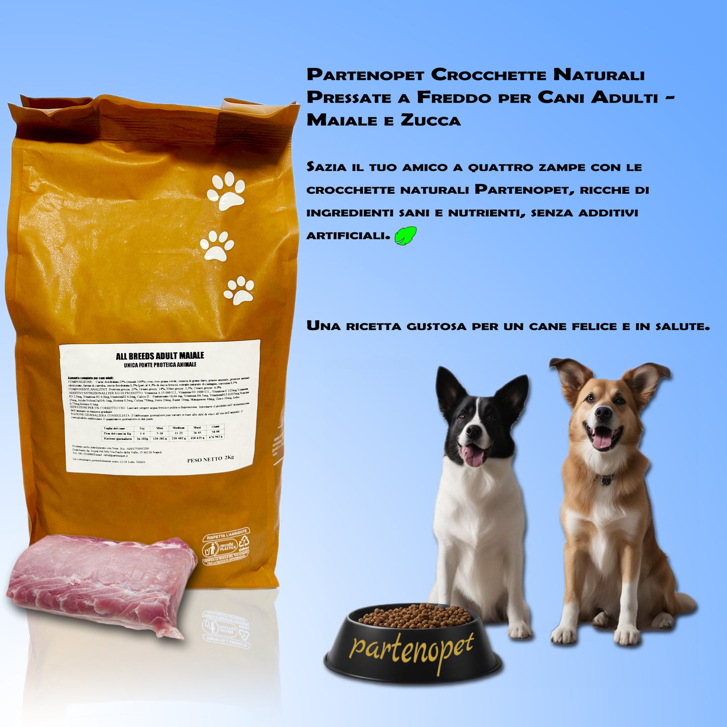 Partenopet Adult All Breeds Mono Maiale e Zucca Crocchette per Cani 100% Naturali 2 kg - Partenopet