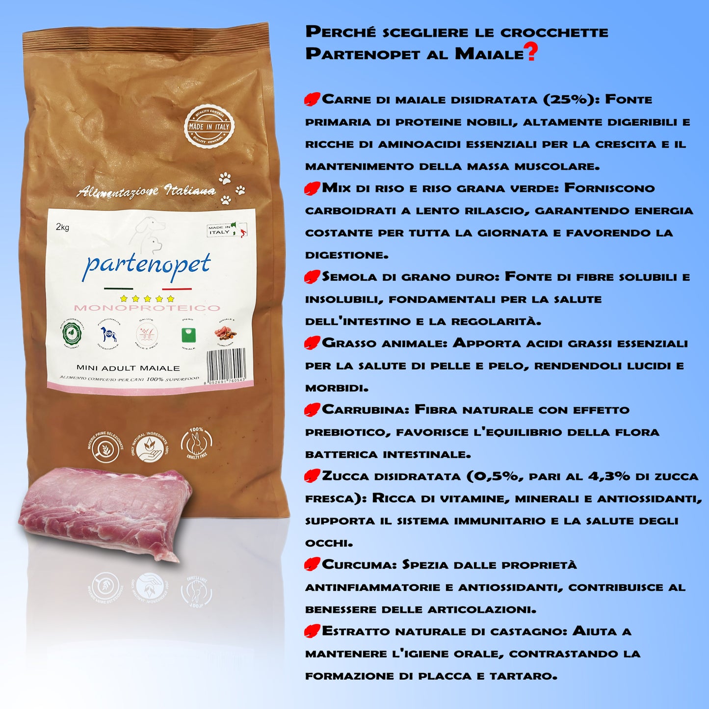 Partenopet Adult Mini Monoproteico Maiale e Zucca Crocchette per Cani 100% Naturali 2 kg - Partenopet