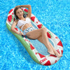 Amaca galleggiante per piscina con fondo in rete e cuscini gonfiabili, grafica con anguria e limoni, dimensioni 145x74 cm, ideale per adulti.