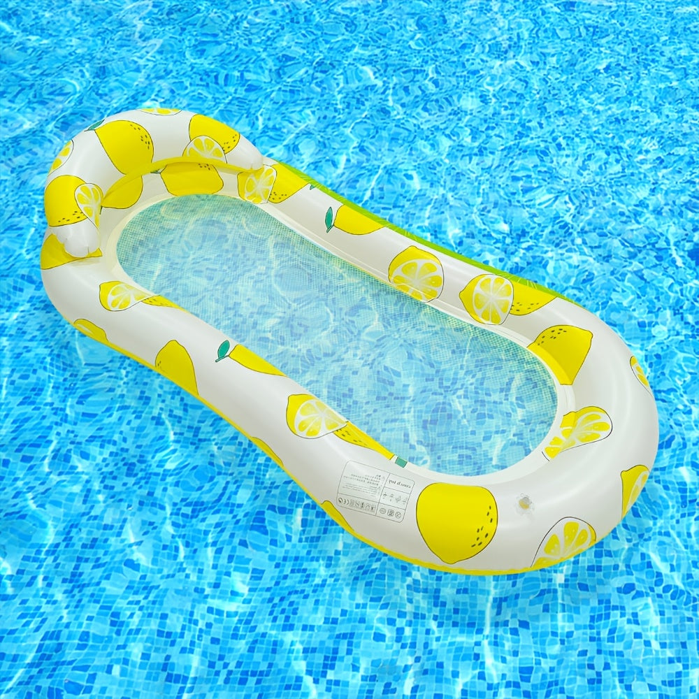 Amaca galleggiante per piscina con fondo in rete e cuscini gonfiabili, grafica con anguria e limoni, dimensioni 145x74 cm, ideale per adulti.