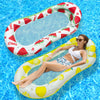 Amaca galleggiante per piscina con fondo in rete e cuscini gonfiabili, grafica con anguria e limoni, dimensioni 145x74 cm, ideale per adulti.