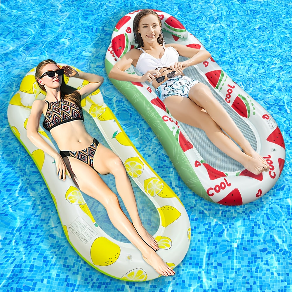 Amaca galleggiante per piscina con fondo in rete e cuscini gonfiabili, grafica con anguria e limoni, dimensioni 145x74 cm, ideale per adulti.