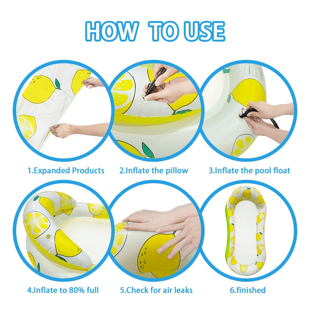 Amaca galleggiante per piscina con fondo in rete e cuscini gonfiabili, grafica con anguria e limoni, dimensioni 145x74 cm, ideale per adulti.