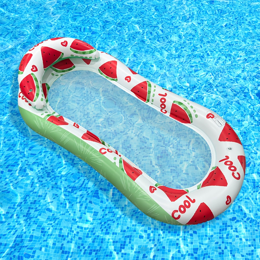 Amaca galleggiante per piscina con fondo in rete e cuscini gonfiabili, grafica con anguria e limoni, dimensioni 145x74 cm, ideale per adulti.