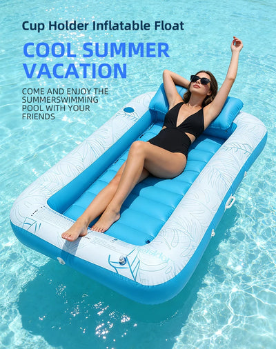 Materassino gonfiabile per adulti Wonflex con cuscino integrato, colore moderno, galleggiante su acqua azzurra, ideale per relax estivo in piscina e mare.