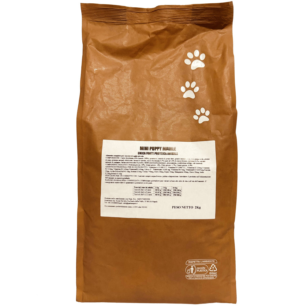 Busta di crocchette per cani cuccioli di piccola taglia monoproteiche pressate a freddo senza conservanti e coloranti marca Partenopet da 2 kg