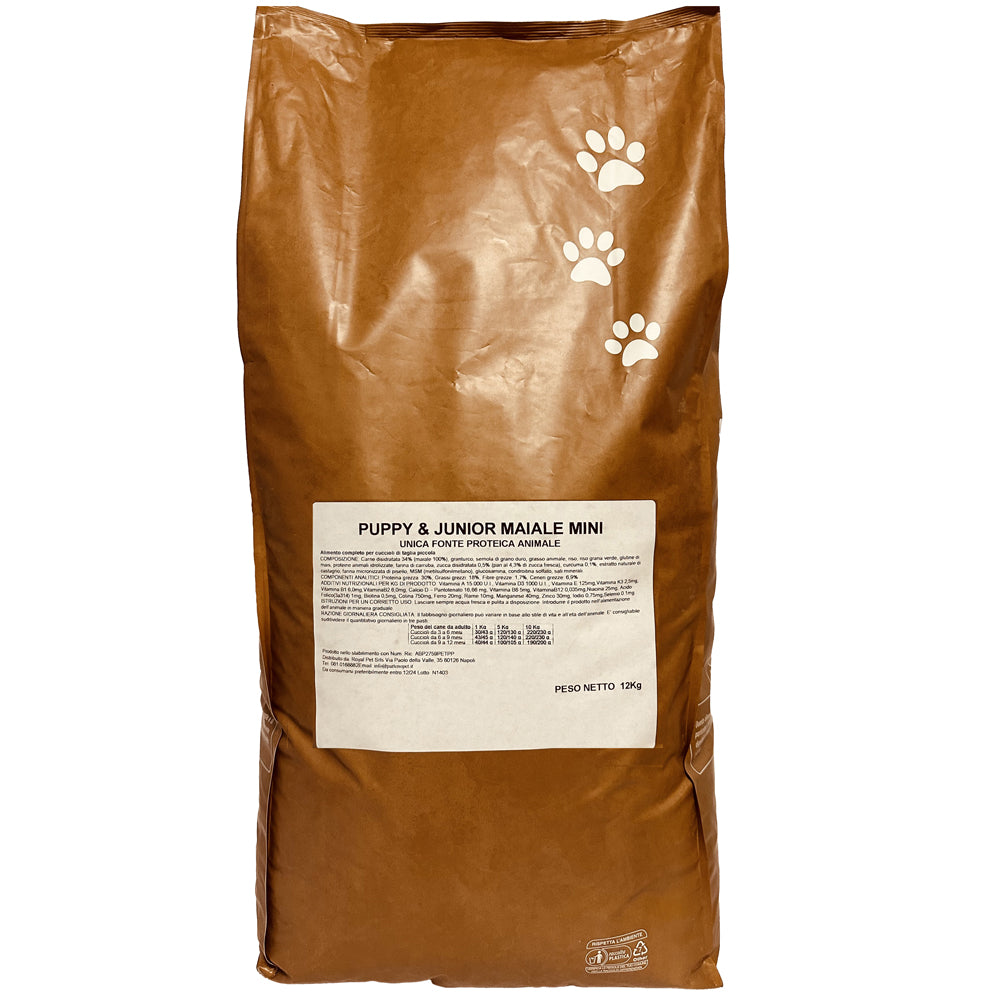 Busta di crocchette per cani cuccioli di piccola taglia monoproteiche pressate a freddo senza conservanti e coloranti marca Partenopet da 2 kg