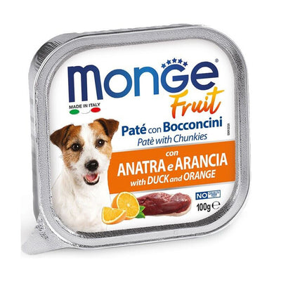 Vaschetta di alimento umido per cani patè con bocconcini all'anatra con arancia Monge da 100 g