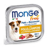 Vaschetta di alimento umido per cani patè con bocconcini con pollo e lamponi Monge Fruit da 100 g