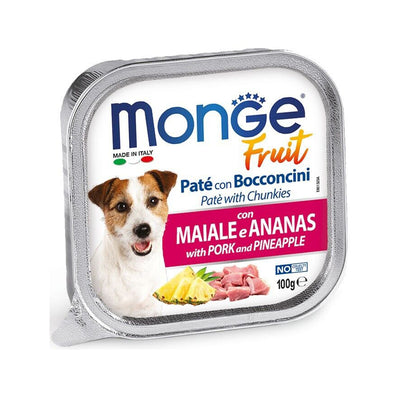 Vaschetta di patè con bocconcini per cani con maiale e ananas Monge Fruit da 100 g