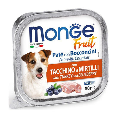 Patè con bocconcini per cani Monge Fruit con tacchino e mirtilli da 100 g
