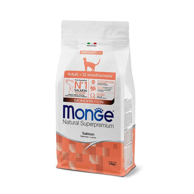 Busta di crocchette per gatti adulti monoproteiche al salmone marca Monge da 1,5 kg