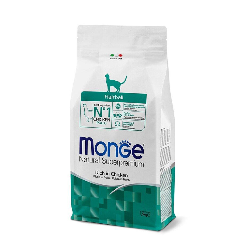 Busta di crocchette per gatti per i boli di pelo Monge Hairball al pollo da 1,5 kg
