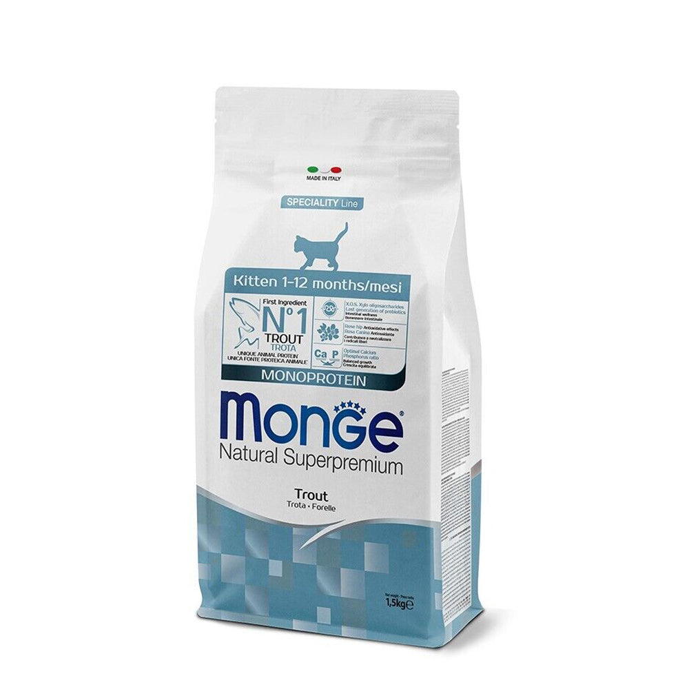 Busta di crocchette per gatti cuccioli con Trota marca Monge da 1,5 kg