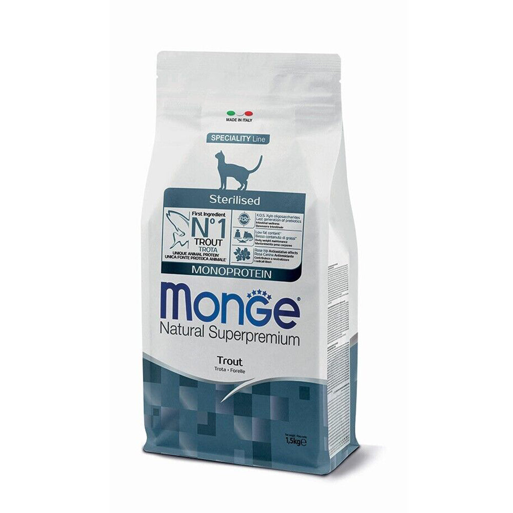 Busta di crocchette per gatti sterilizzati monoproteiche alla trota marca Monge da 1,5 kg