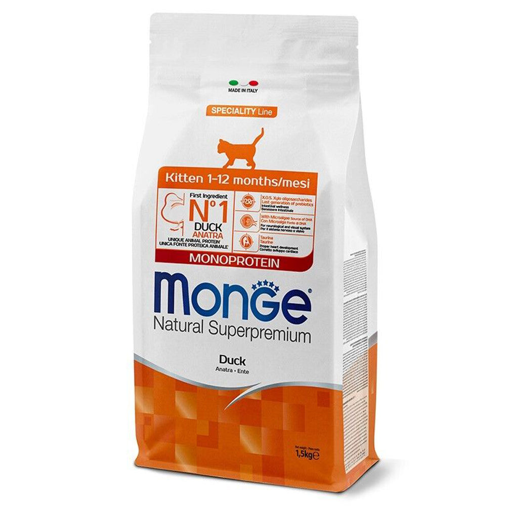 Busta di crocchette per gatti cuccioli all'anatra Monge Kitten da 1,5 kg