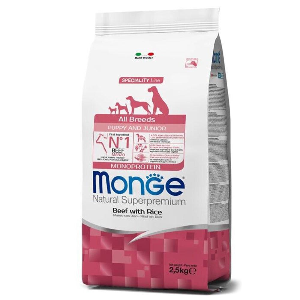Crocchette per cani cuccioli di tutte le taglie al manzo e riso Monge Puppy All Breeds
