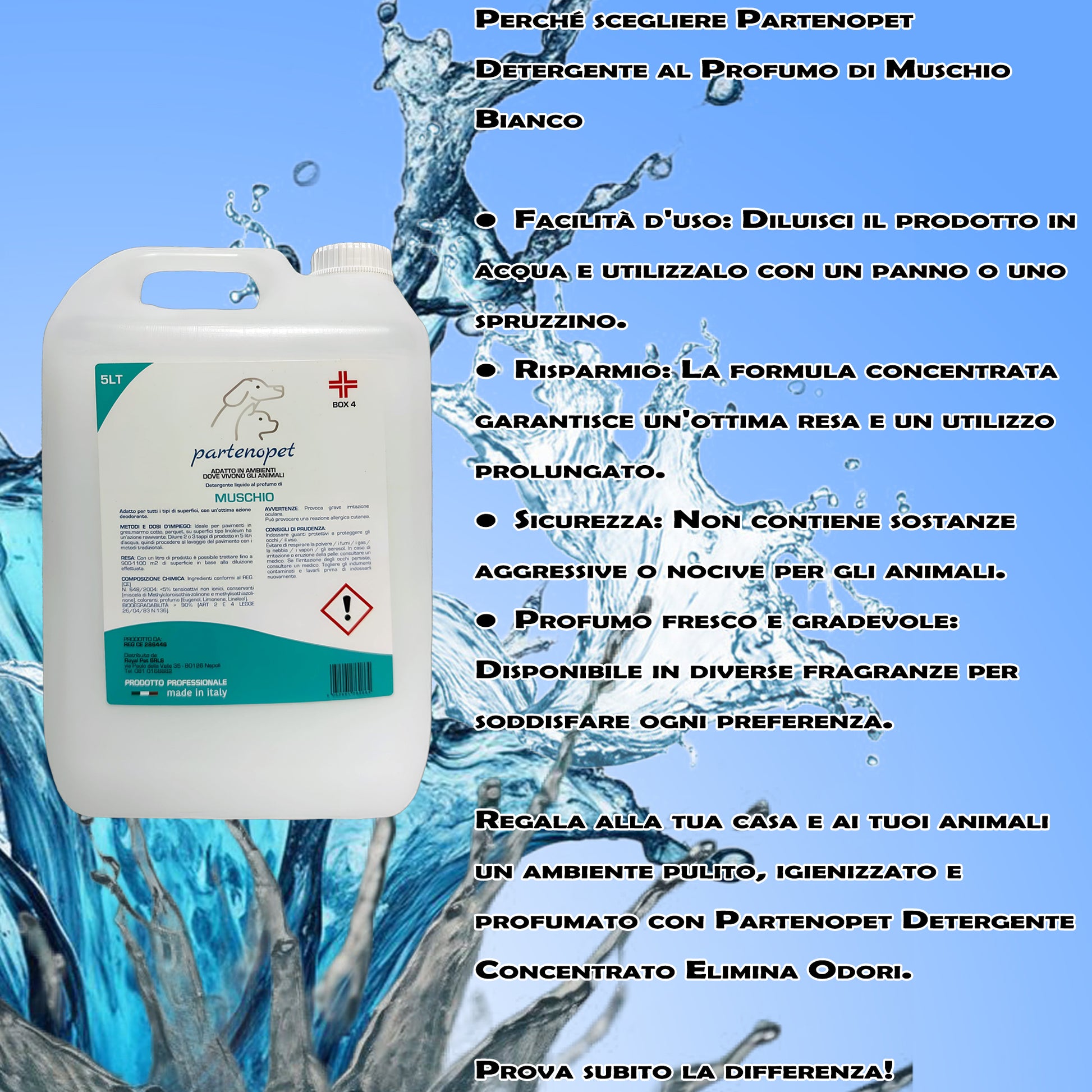 Partenopet Detergente Concentrato Elimina Odori per Tutte le Superifici Specifico per Ambienti con Animali al Muschio Bianco 5 L - Partenopet