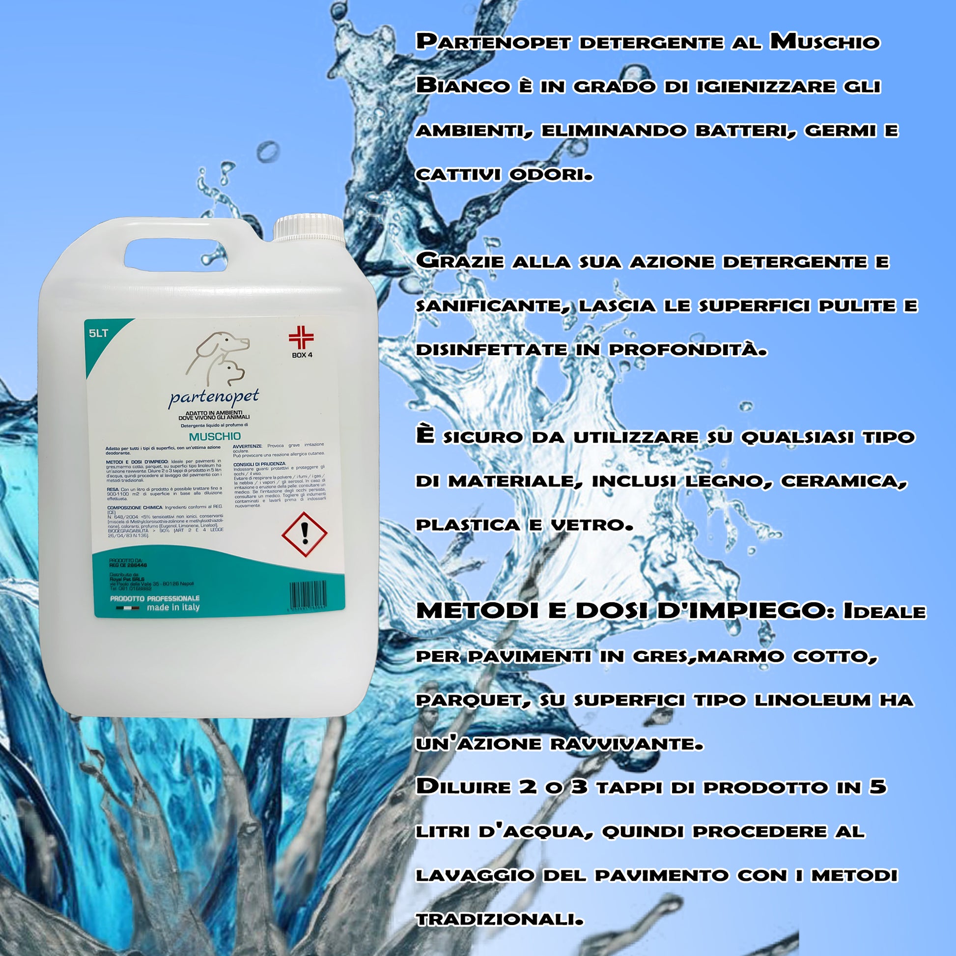 Partenopet Detergente Concentrato Elimina Odori per Tutte le Superifici Specifico per Ambienti con Animali al Muschio Bianco 5 L - Partenopet