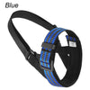 Museruola per cani in nylon nero con bordi riflettenti, imbottitura interna morbida e fibbia a scatto, ideale per cani di piccola, media e grande taglia.