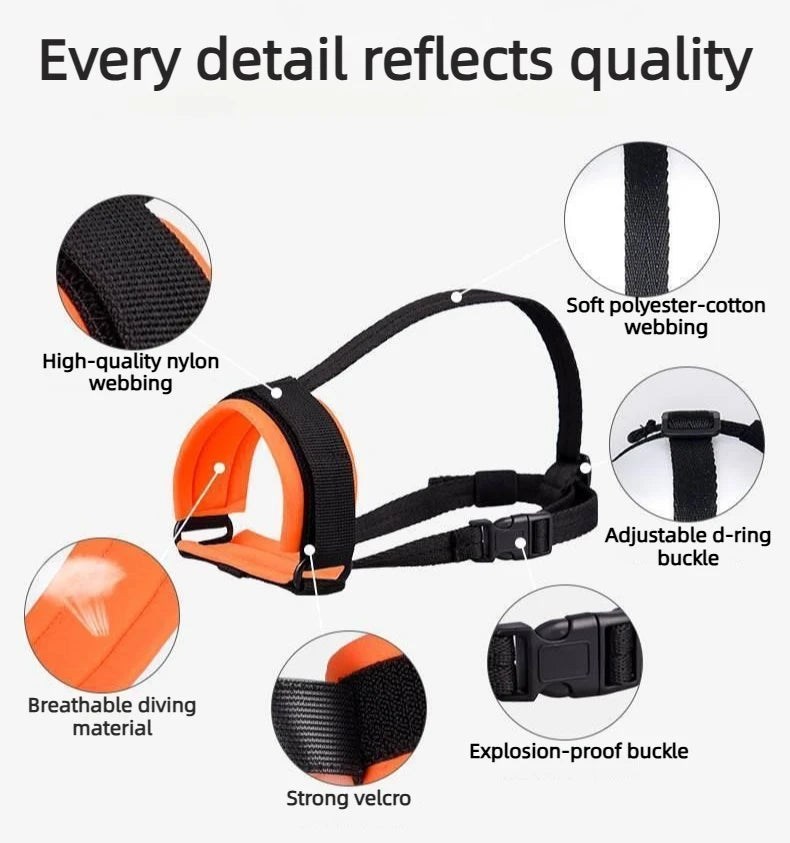 Museruola per cani regolabile in nylon nero con bordi riflettenti e anello metallico sotto al muso per aggancio guinzaglio anti-tiro.