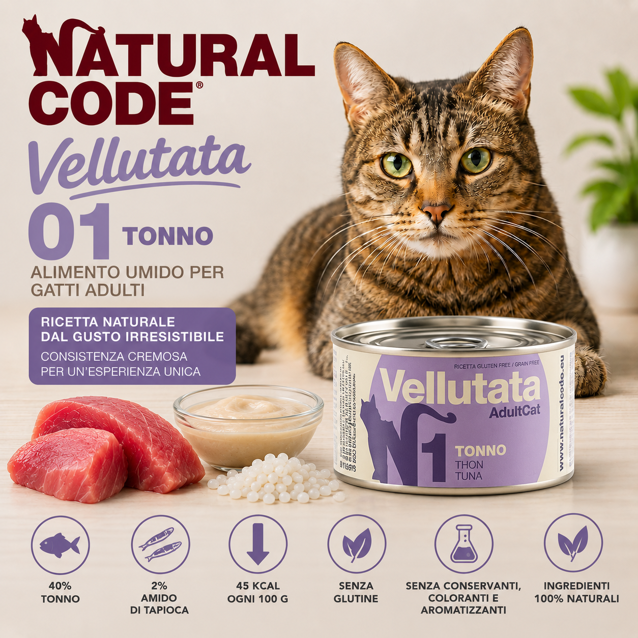 Natural Code 01 Vellutata Tonno alimento umido complementare naturale per gatti adulti con tonno, consistenza cremosa e senza glutine.