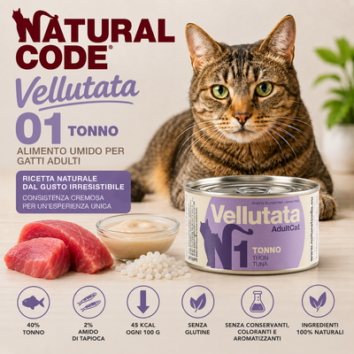 Natural Code 01 Vellutata Tonno alimento umido complementare naturale per gatti adulti con tonno, consistenza cremosa e senza glutine.