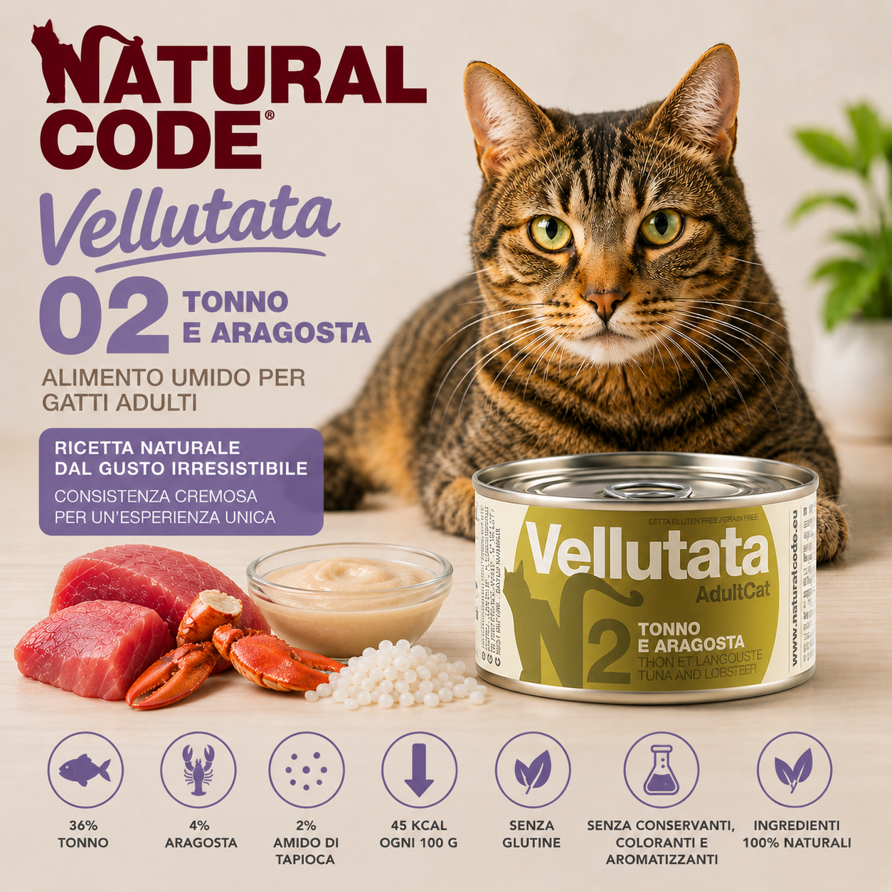 Natural Code 02 Vellutata Tonno e Aragosta 85 g alimento umido complementare per gatti adulti con tonno, aragosta, ingredienti naturali e senza glutine