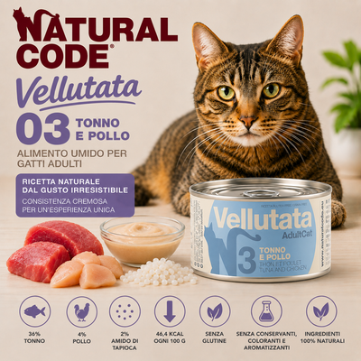 Natural Code 03 Vellutata Tonno e Pollo 85 g alimento umido complementare per gatti adulti senza glutine con ingredienti naturali