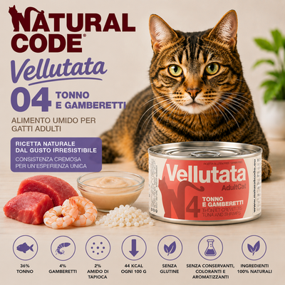 Natural Code 04 Vellutata Tonno e Gamberetti 85 g alimento umido complementare per gatti adulti senza glutine con ingredienti naturali