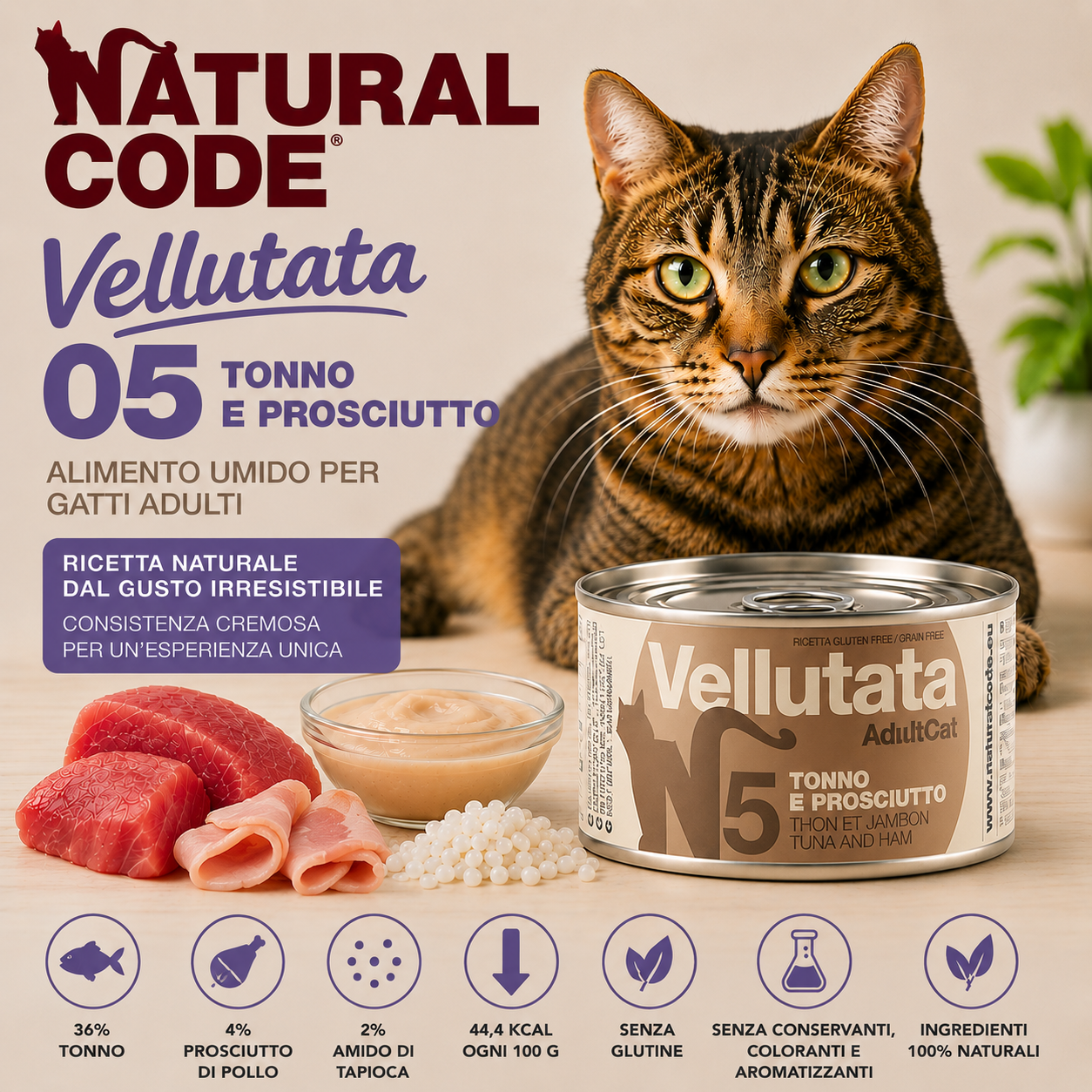 Natural Code Vellutata 05 Tonno e Prosciutto alimento umido complementare naturale per gatti adulti 85 g senza glutine