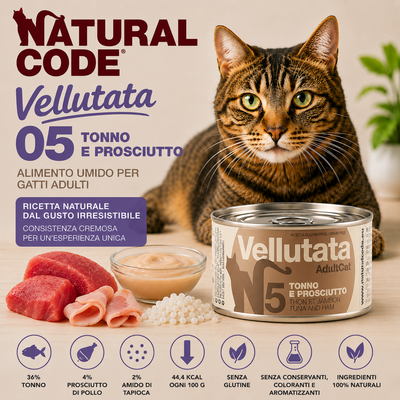Natural Code Vellutata 05 Tonno e Prosciutto alimento umido complementare naturale per gatti adulti 85 g senza glutine