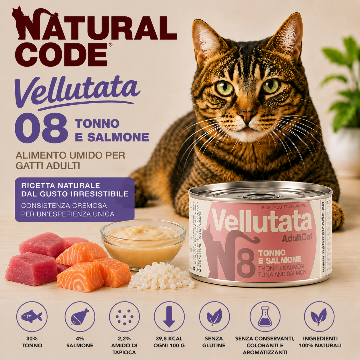 Natural Code 08 Vellutata Tonno e Salmone alimento umido naturale per gatti adulti 85 g con Omega 3 e senza glutine