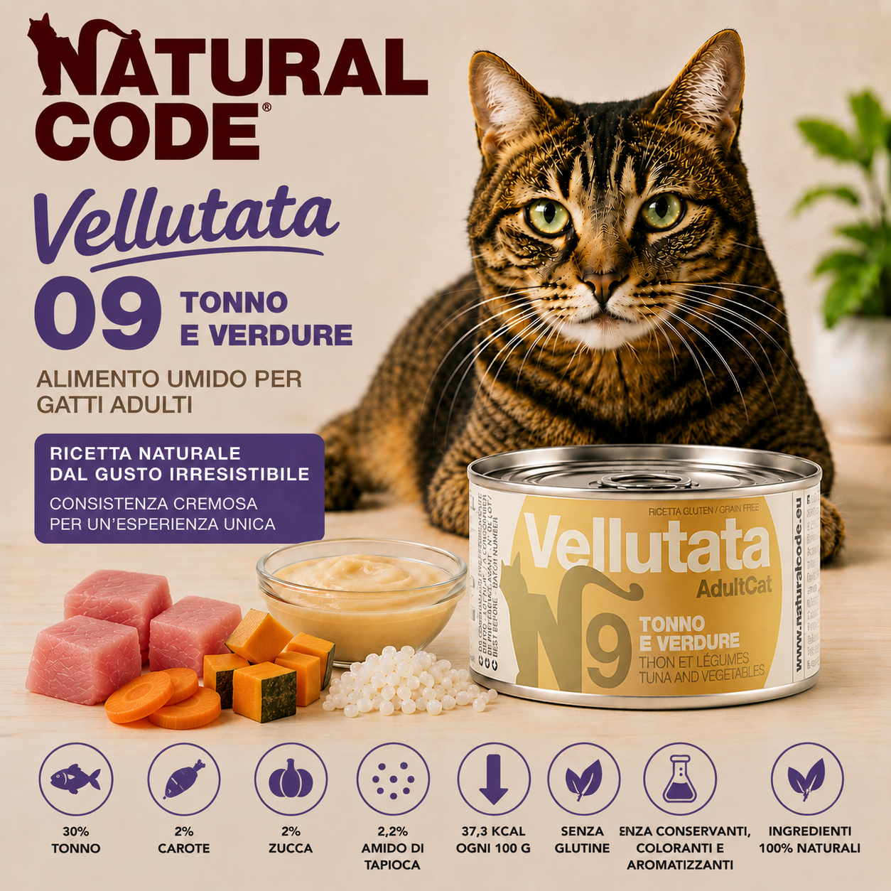Natural Code 09 Vellutata Tonno e Verdure alimento umido naturale per gatti adulti 85 g senza glutine